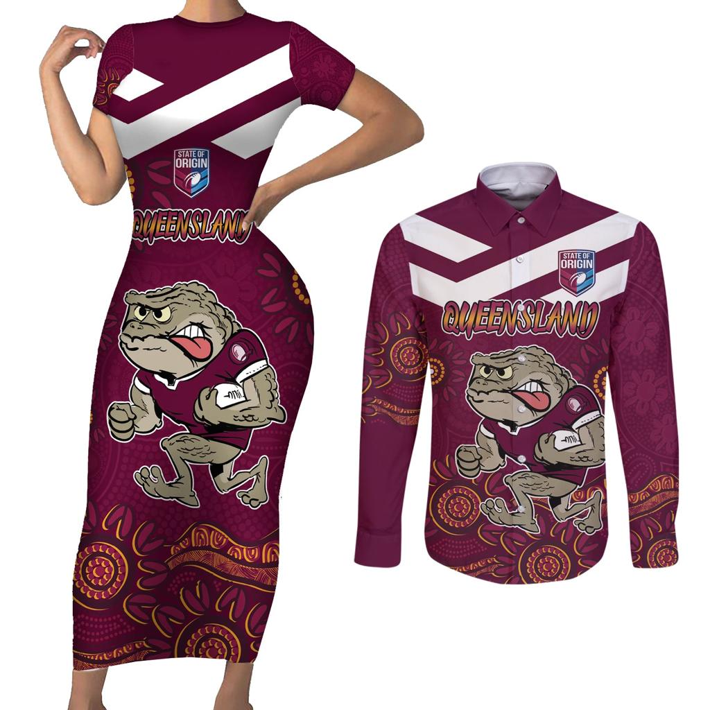 Custom QLD Maroons Cane Toad Blooded Aboriginal Inspired Couples Matching Short Sleeve Bodycon Dress and Long Sleeve Button Shirt