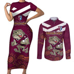 Custom QLD Maroons Cane Toad Blooded Aboriginal Inspired Couples Matching Short Sleeve Bodycon Dress and Long Sleeve Button Shirt