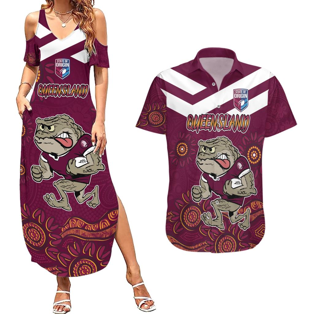 Custom QLD Maroons Cane Toad Blooded Aboriginal Inspired Couples Matching Summer Maxi Dress and Hawaiian Shirt