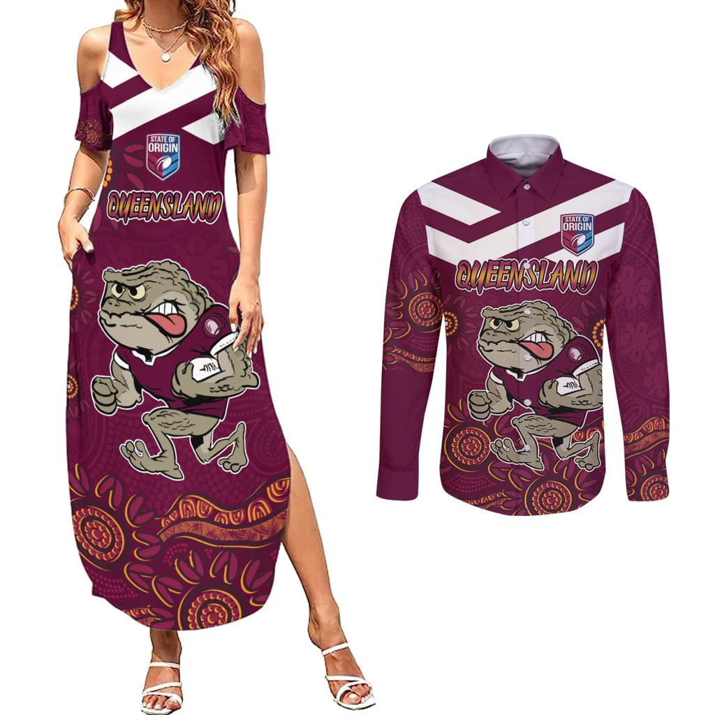 Custom QLD Maroons Cane Toad Blooded Aboriginal Inspired Couples Matching Summer Maxi Dress and Long Sleeve Button Shirt