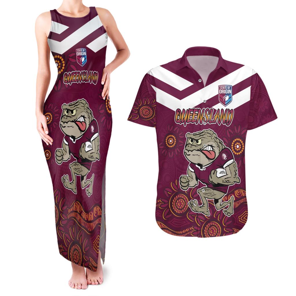 Custom QLD Maroons Cane Toad Blooded Aboriginal Inspired Couples Matching Tank Maxi Dress and Hawaiian Shirt