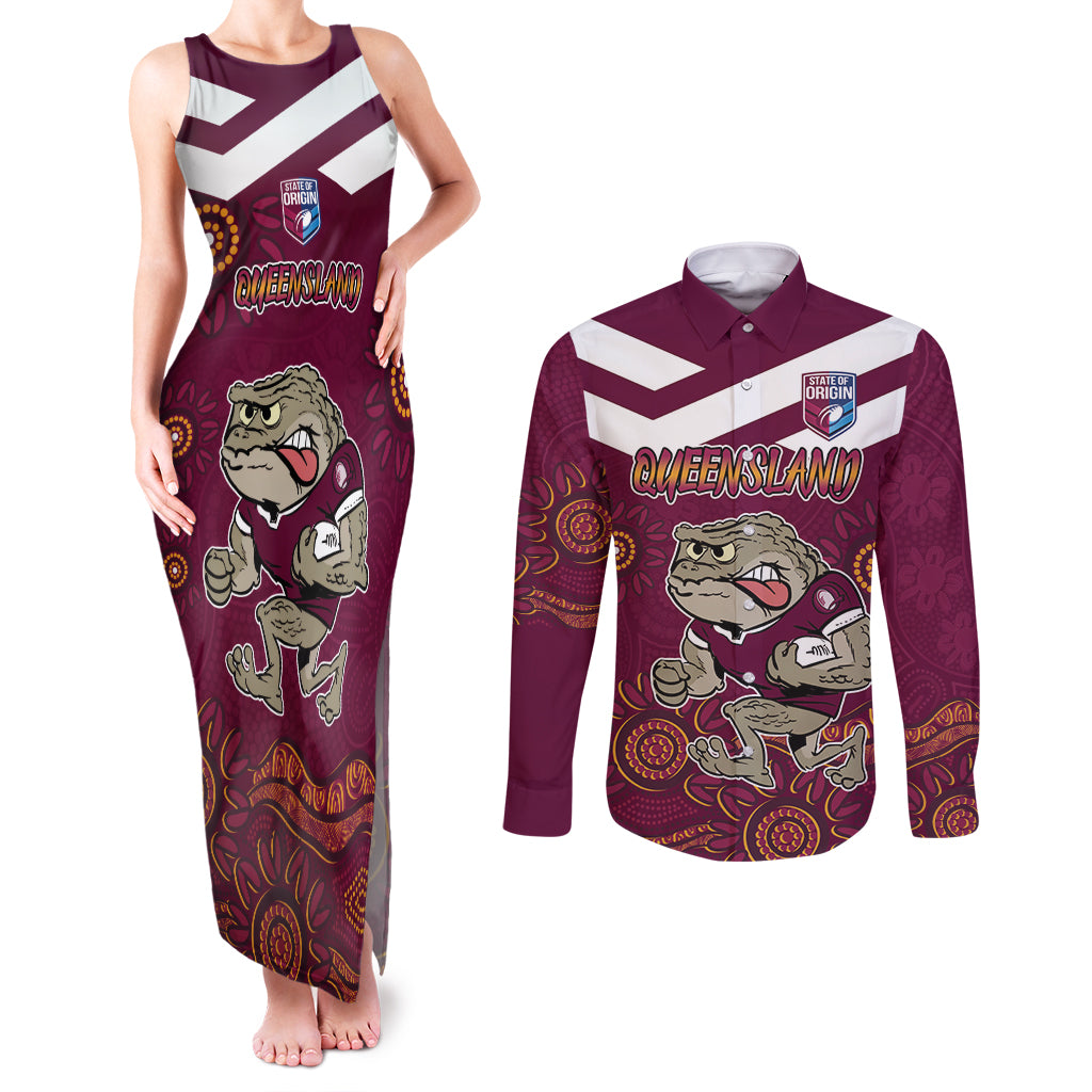 Custom QLD Maroons Cane Toad Blooded Aboriginal Inspired Couples Matching Tank Maxi Dress and Long Sleeve Button Shirt
