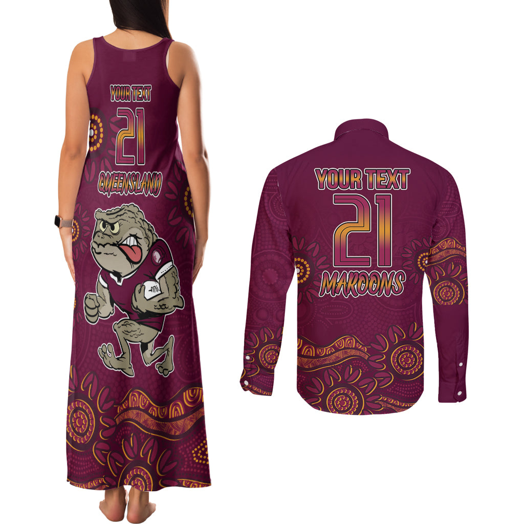 Custom QLD Maroons Cane Toad Blooded Aboriginal Inspired Couples Matching Tank Maxi Dress and Long Sleeve Button Shirt