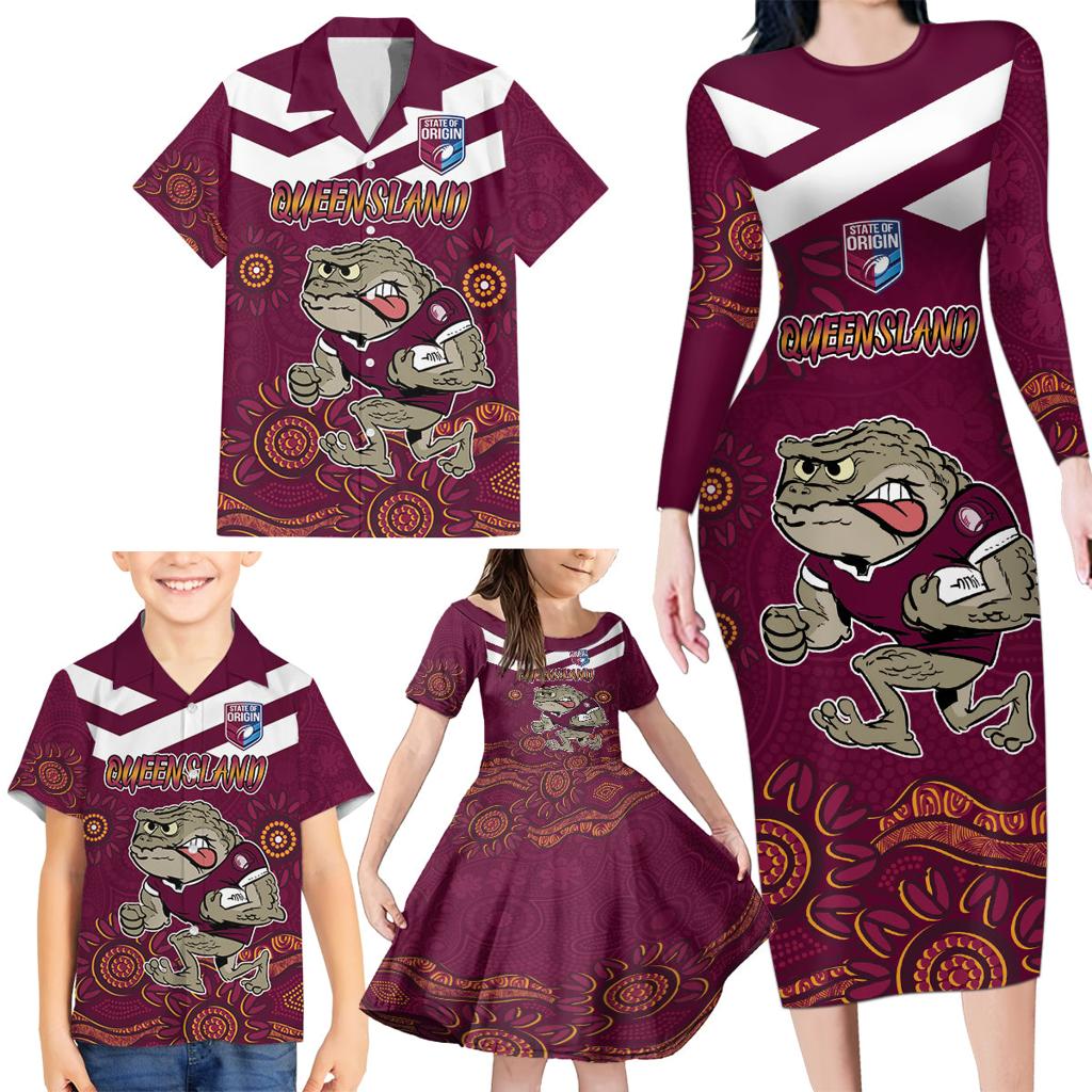 Custom QLD Maroons Cane Toad Blooded Aboriginal Inspired Family Matching Long Sleeve Bodycon Dress and Hawaiian Shirt