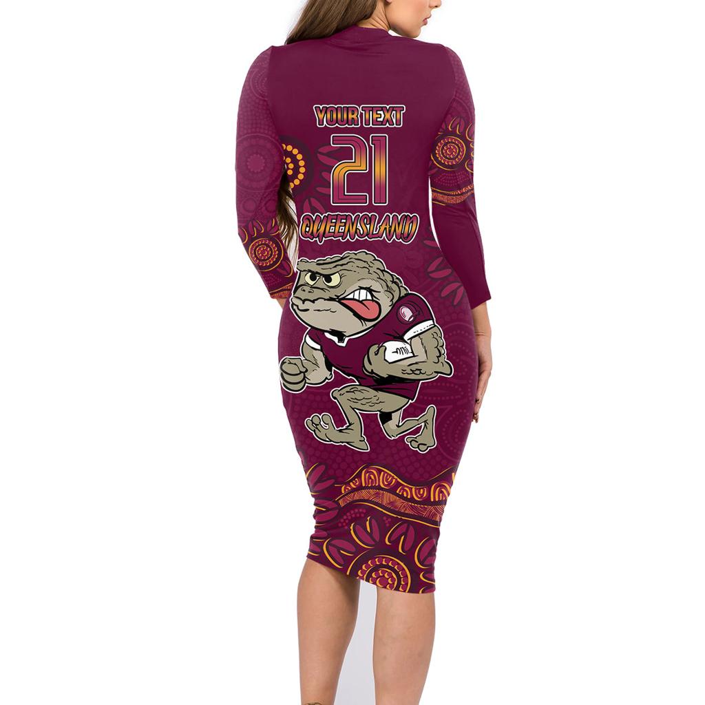 Custom QLD Maroons Cane Toad Blooded Aboriginal Inspired Family Matching Long Sleeve Bodycon Dress and Hawaiian Shirt