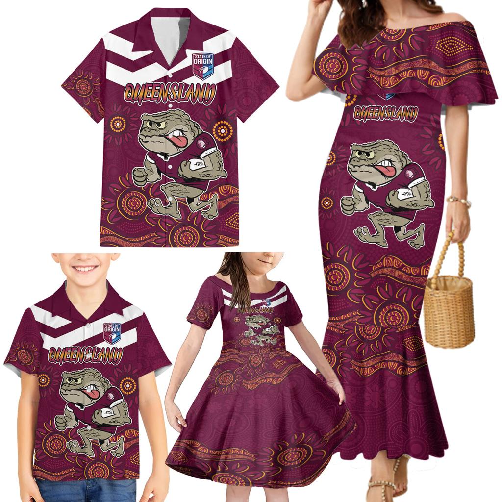 Custom QLD Maroons Cane Toad Blooded Aboriginal Inspired Family Matching Mermaid Dress and Hawaiian Shirt
