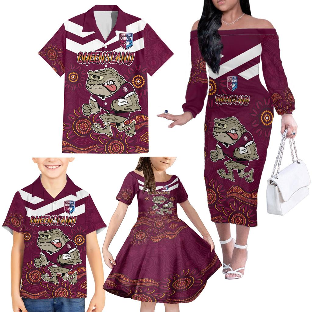 Custom QLD Maroons Cane Toad Blooded Aboriginal Inspired Family Matching Off The Shoulder Long Sleeve Dress and Hawaiian Shirt
