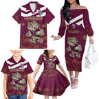 Custom QLD Maroons Cane Toad Blooded Aboriginal Inspired Family Matching Off The Shoulder Long Sleeve Dress and Hawaiian Shirt