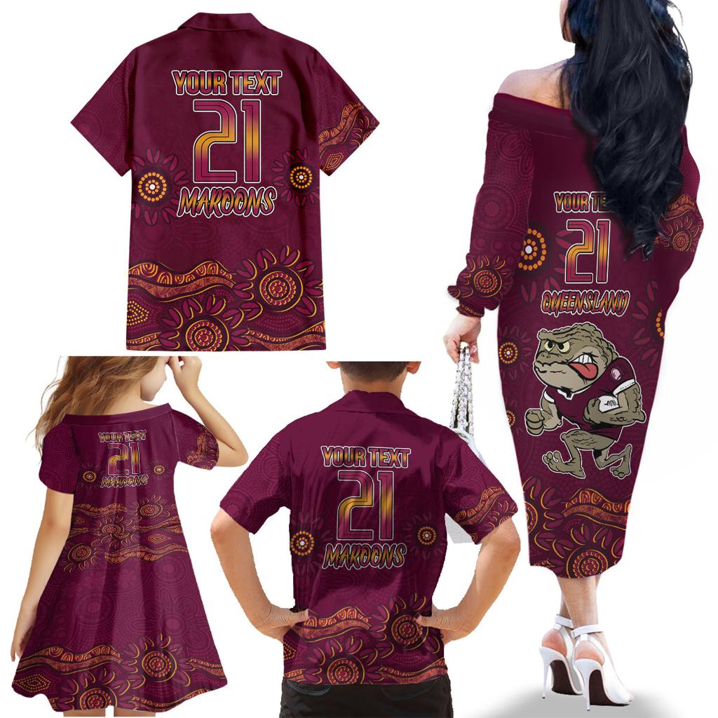 Custom QLD Maroons Cane Toad Blooded Aboriginal Inspired Family Matching Off The Shoulder Long Sleeve Dress and Hawaiian Shirt