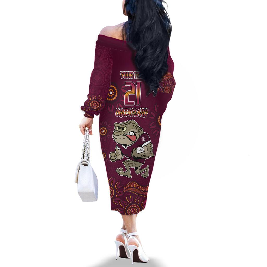 Custom QLD Maroons Cane Toad Blooded Aboriginal Inspired Family Matching Off The Shoulder Long Sleeve Dress and Hawaiian Shirt