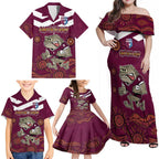 Custom QLD Maroons Cane Toad Blooded Aboriginal Inspired Family Matching Off Shoulder Maxi Dress and Hawaiian Shirt