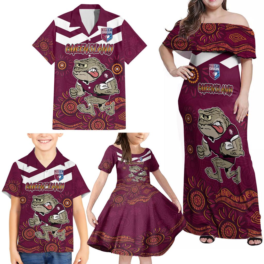 Custom QLD Maroons Cane Toad Blooded Aboriginal Inspired Family Matching Off Shoulder Maxi Dress and Hawaiian Shirt