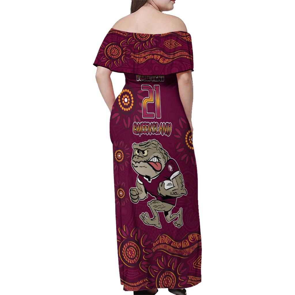 Custom QLD Maroons Cane Toad Blooded Aboriginal Inspired Family Matching Off Shoulder Maxi Dress and Hawaiian Shirt