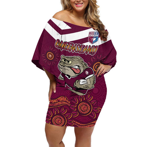 Custom QLD Maroons Cane Toad Blooded Aboriginal Inspired Family Matching Off Shoulder Short Dress and Hawaiian Shirt