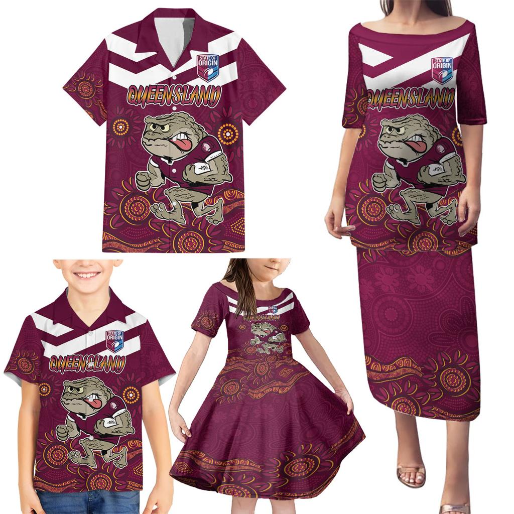 Custom QLD Maroons Cane Toad Blooded Aboriginal Inspired Family Matching Puletasi and Hawaiian Shirt