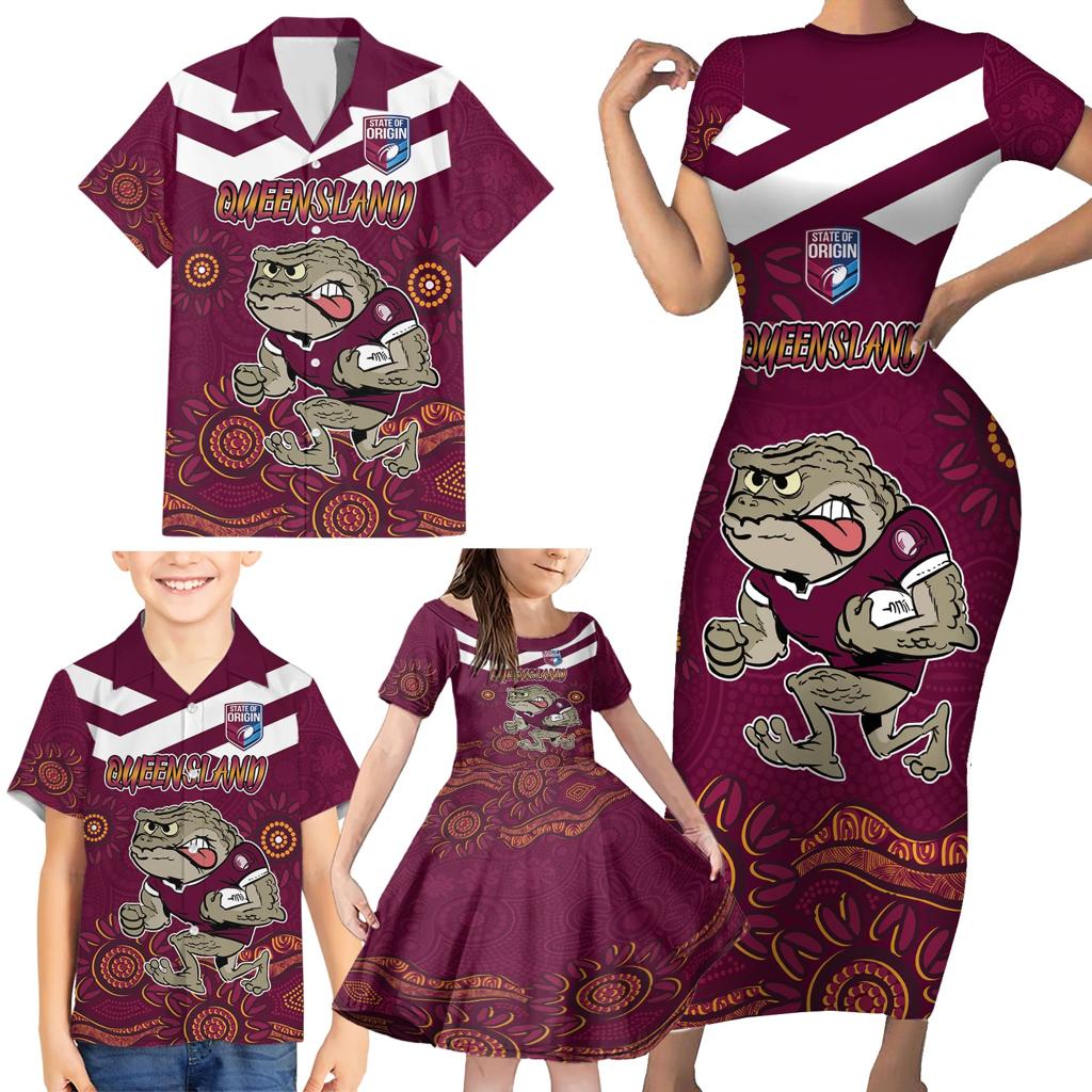 Custom QLD Maroons Cane Toad Blooded Aboriginal Inspired Family Matching Short Sleeve Bodycon Dress and Hawaiian Shirt