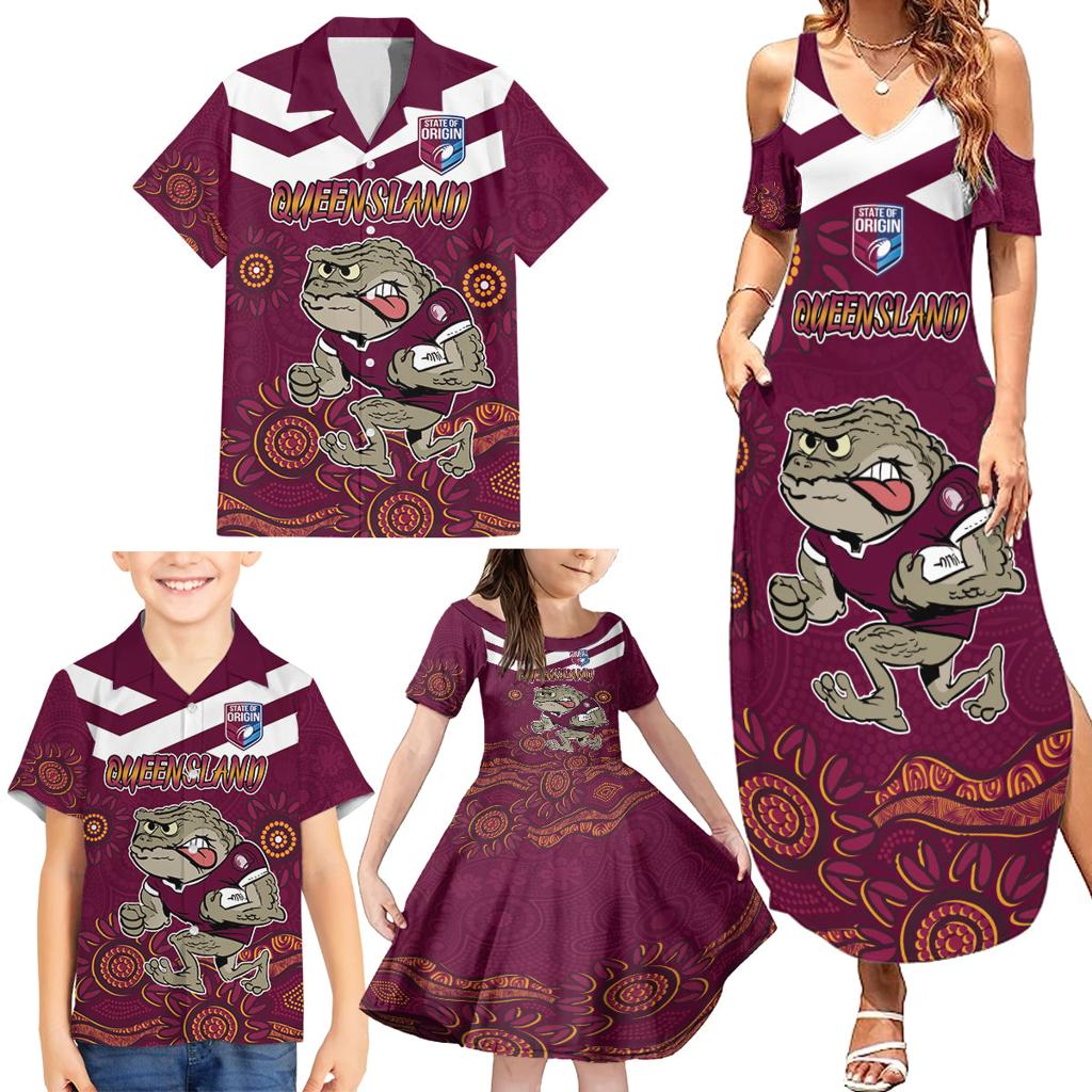 Custom QLD Maroons Cane Toad Blooded Aboriginal Inspired Family Matching Summer Maxi Dress and Hawaiian Shirt