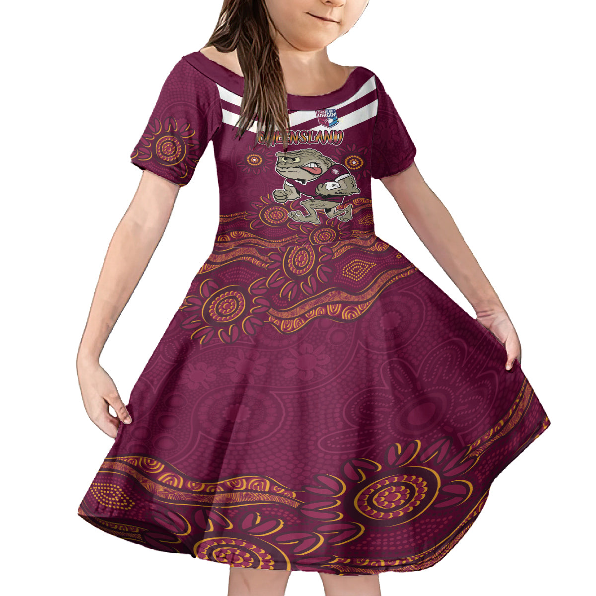 Custom QLD Maroons Cane Toad Blooded Aboriginal Inspired Kid Short Sleeve Dress