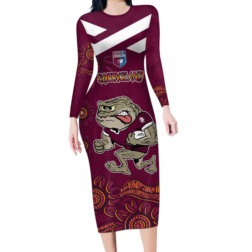 Custom QLD Maroons Cane Toad Blooded Aboriginal Inspired Long Sleeve Bodycon Dress