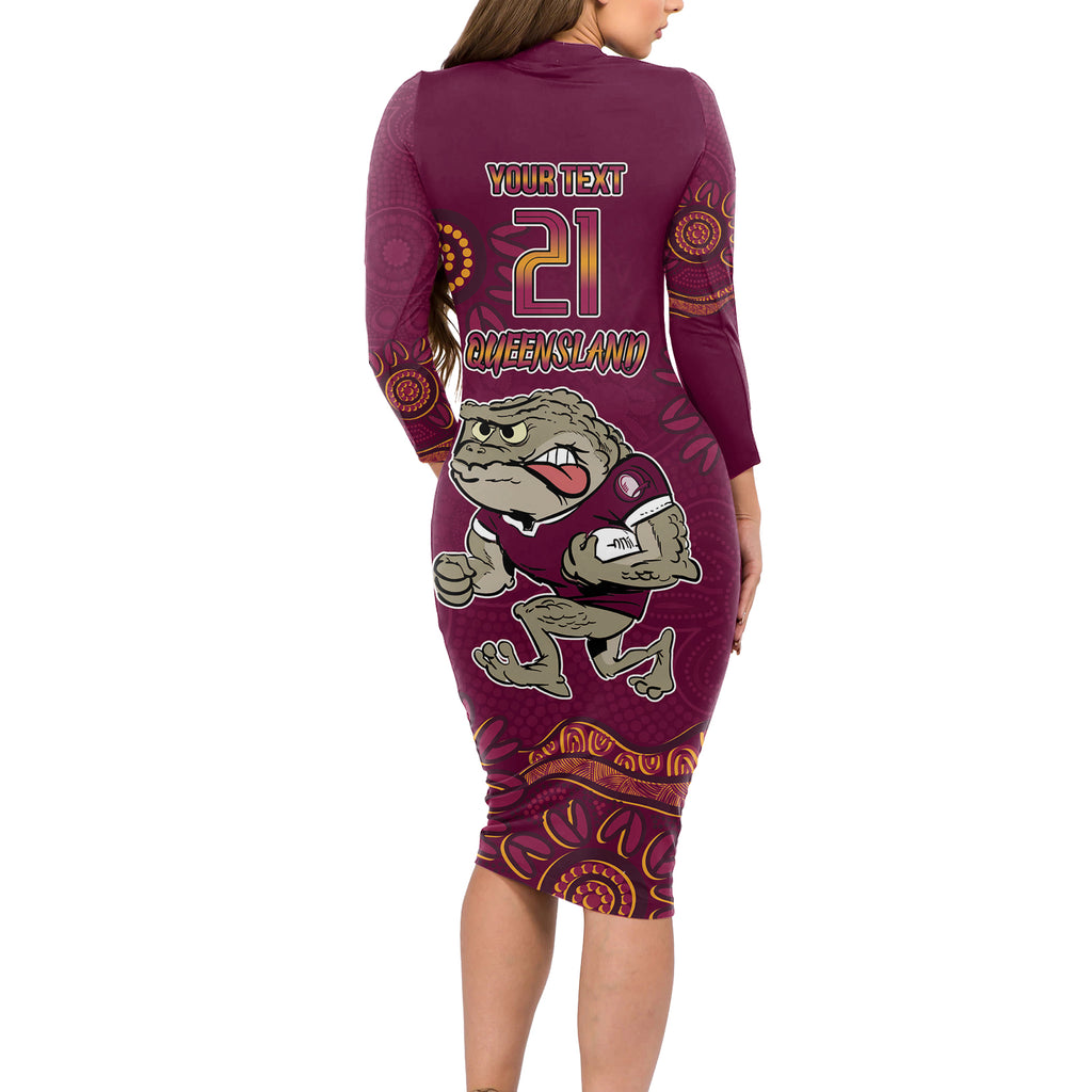 Custom QLD Maroons Cane Toad Blooded Aboriginal Inspired Long Sleeve Bodycon Dress