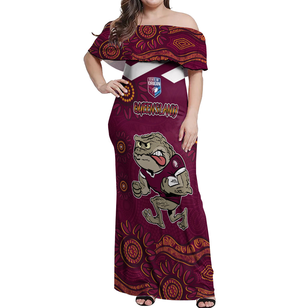 Custom QLD Maroons Cane Toad Blooded Aboriginal Inspired Off Shoulder Maxi Dress