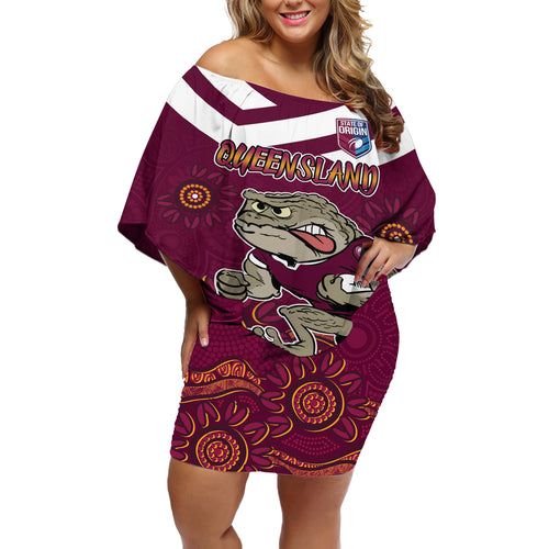 Custom QLD Maroons Cane Toad Blooded Aboriginal Inspired Off Shoulder Short Dress
