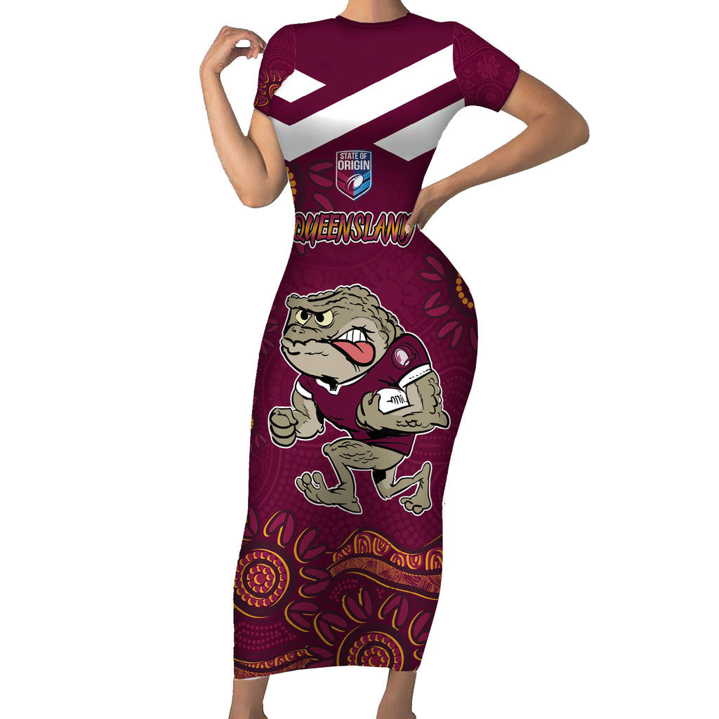 Custom QLD Maroons Cane Toad Blooded Aboriginal Inspired Short Sleeve Bodycon Dress