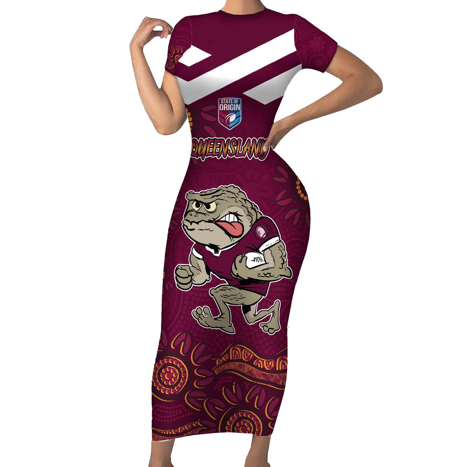 Custom QLD Maroons Cane Toad Blooded Aboriginal Inspired Short Sleeve Bodycon Dress