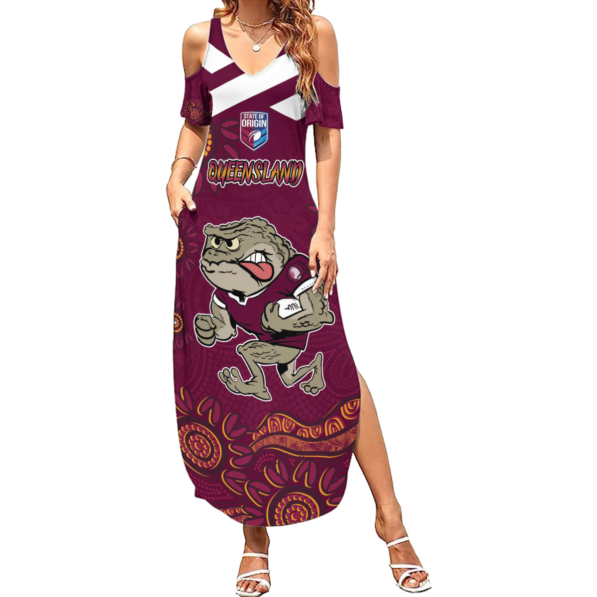 Custom QLD Maroons Cane Toad Blooded Aboriginal Inspired Summer Maxi Dress