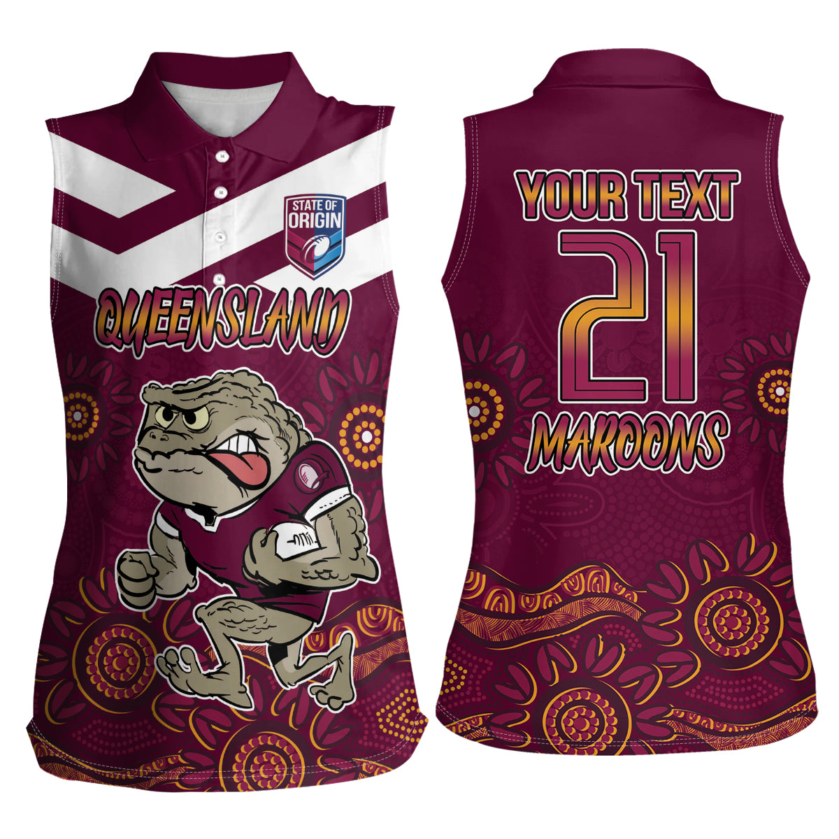 Custom QLD Maroons Cane Toad Blooded Aboriginal Inspired Women Sleeveless Polo Shirt
