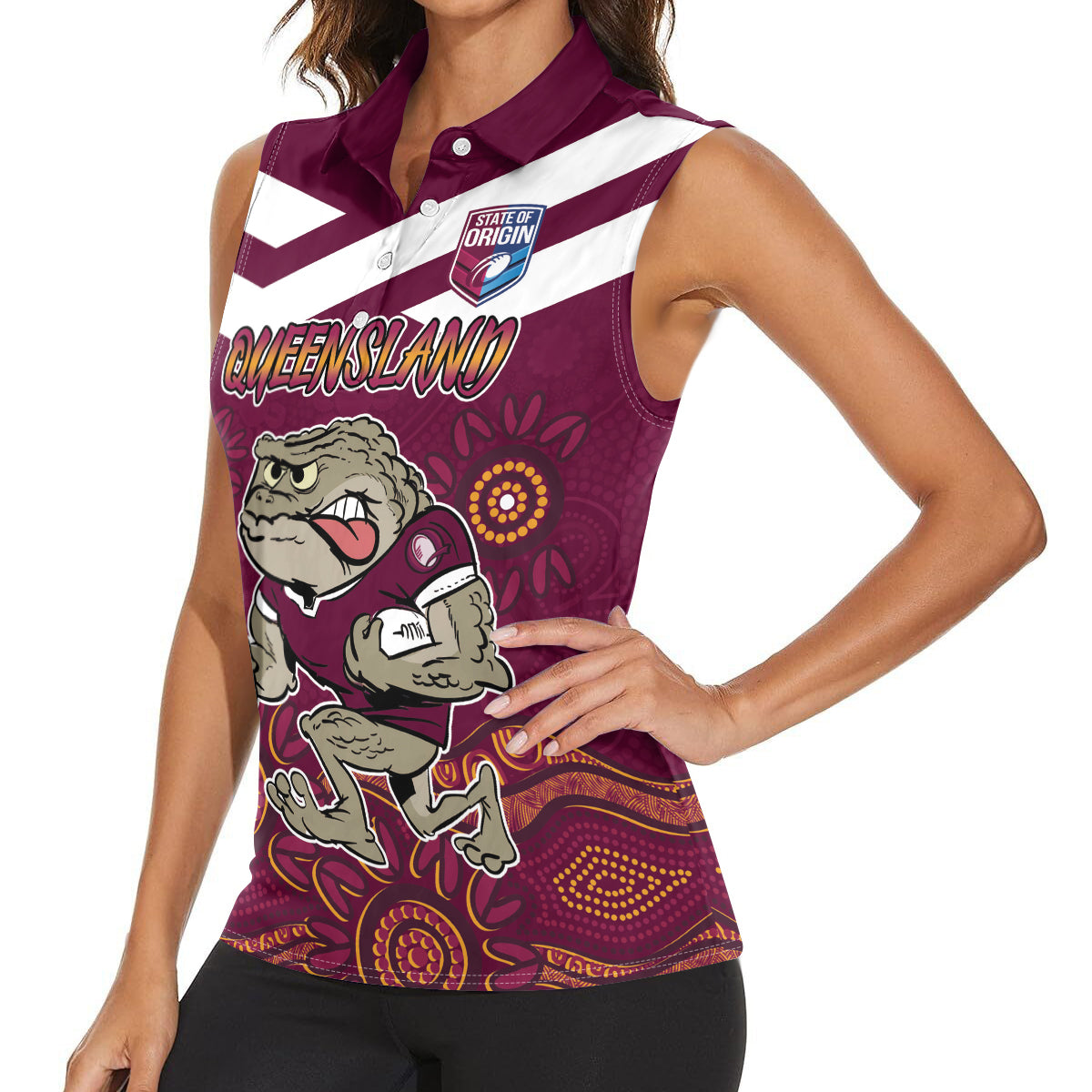 Custom QLD Maroons Cane Toad Blooded Aboriginal Inspired Women Sleeveless Polo Shirt