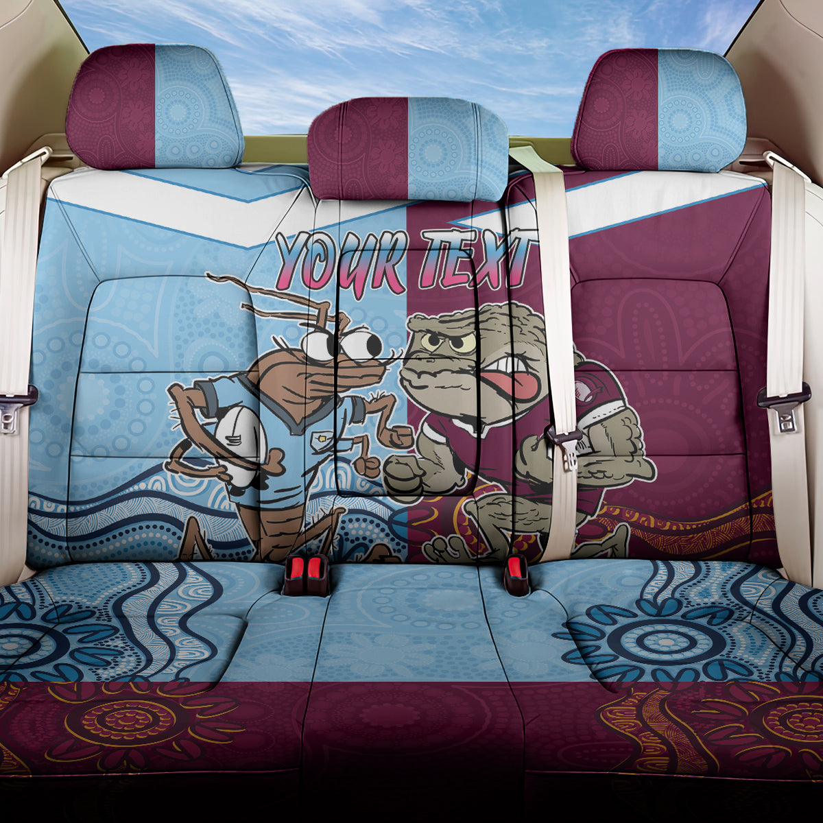 Custom QLD Cane Toad and NSW Cockroach Back Car Seat Cover Aboriginal Inspired Together