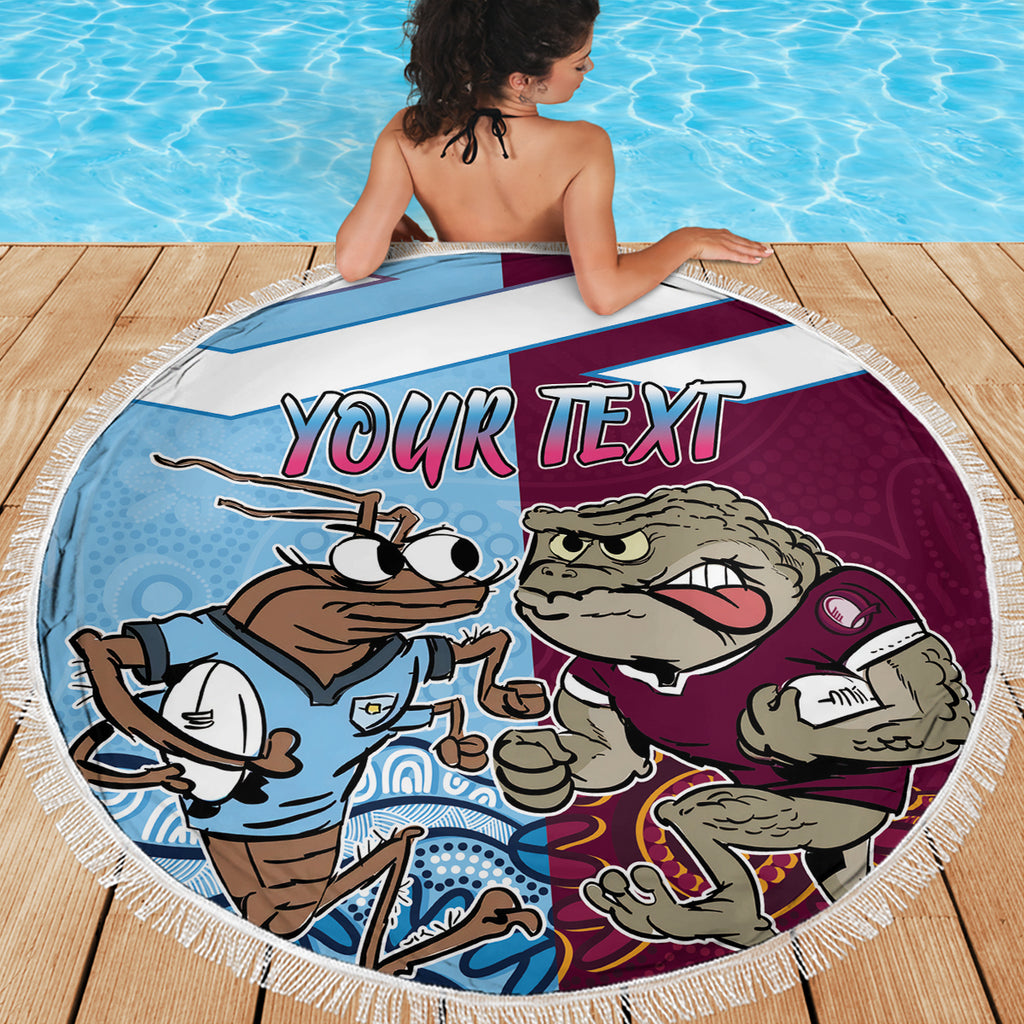 Custom QLD Cane Toad and NSW Cockroach Beach Blanket Aboriginal Inspired Together