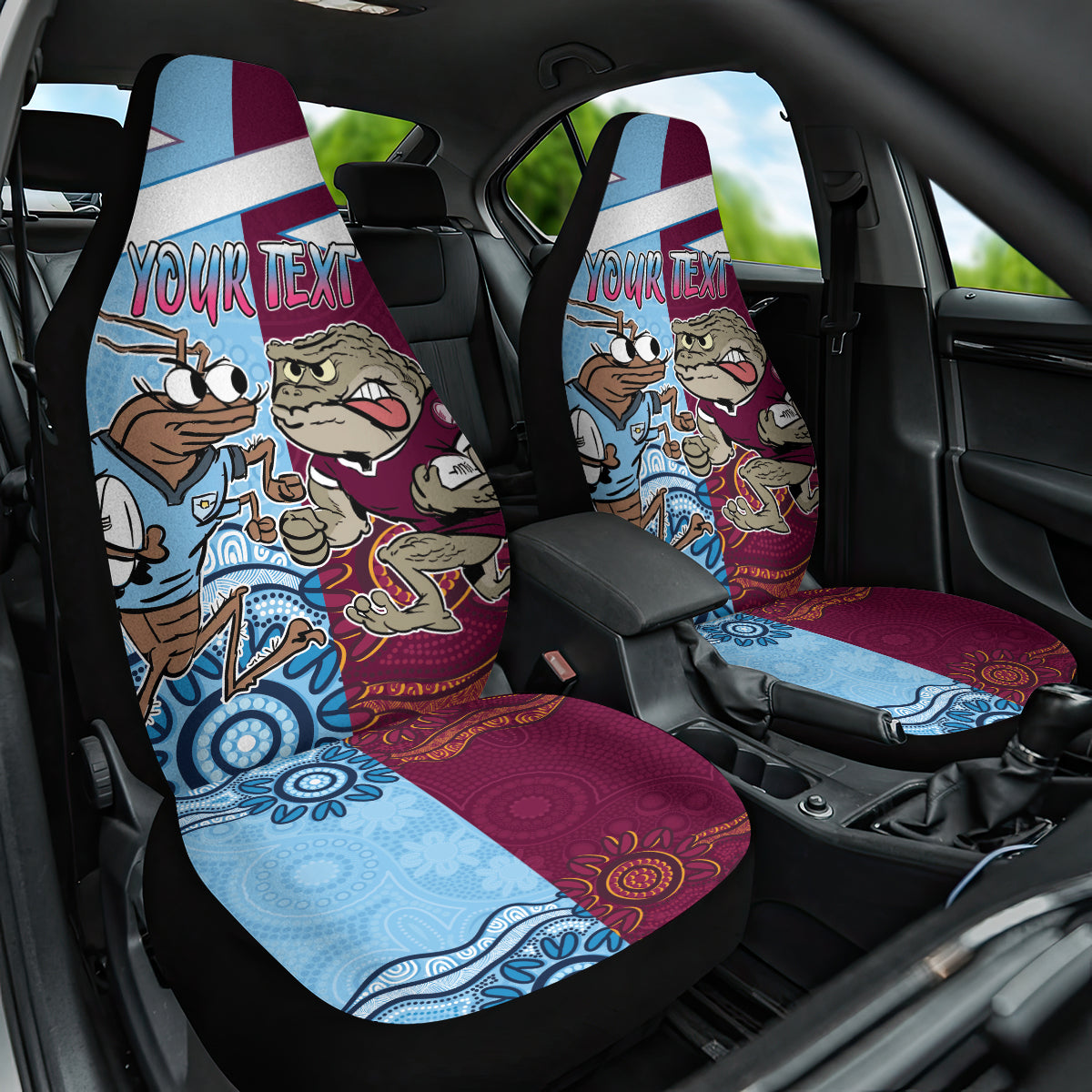 Custom QLD Cane Toad and NSW Cockroach Car Seat Cover Aboriginal Inspired Together