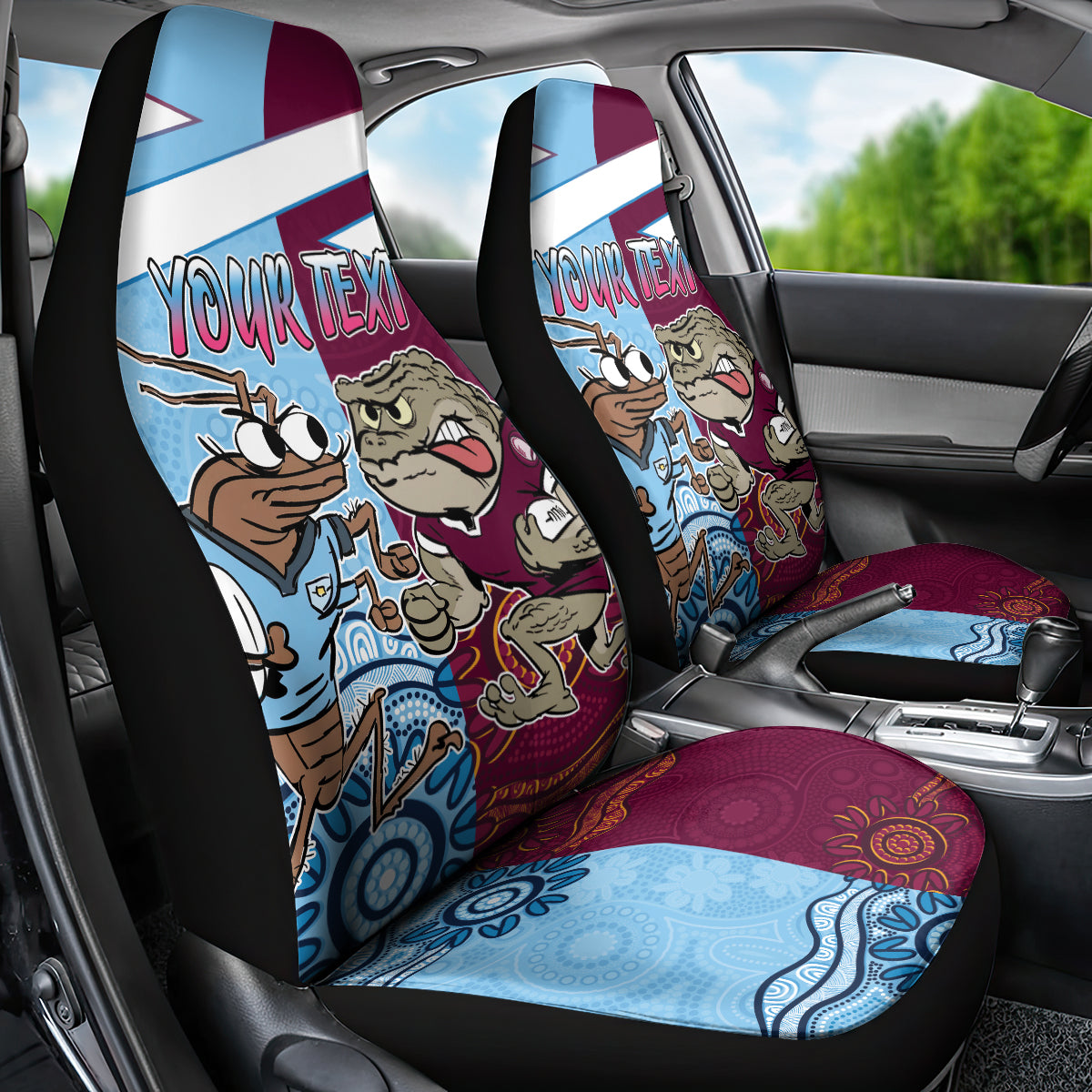 Custom QLD Cane Toad and NSW Cockroach Car Seat Cover Aboriginal Inspired Together
