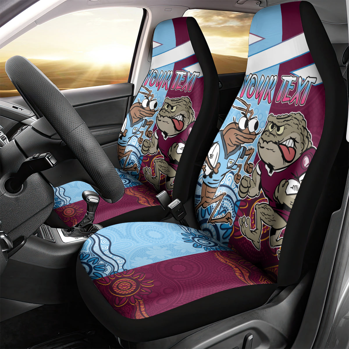 Custom QLD Cane Toad and NSW Cockroach Car Seat Cover Aboriginal Inspired Together