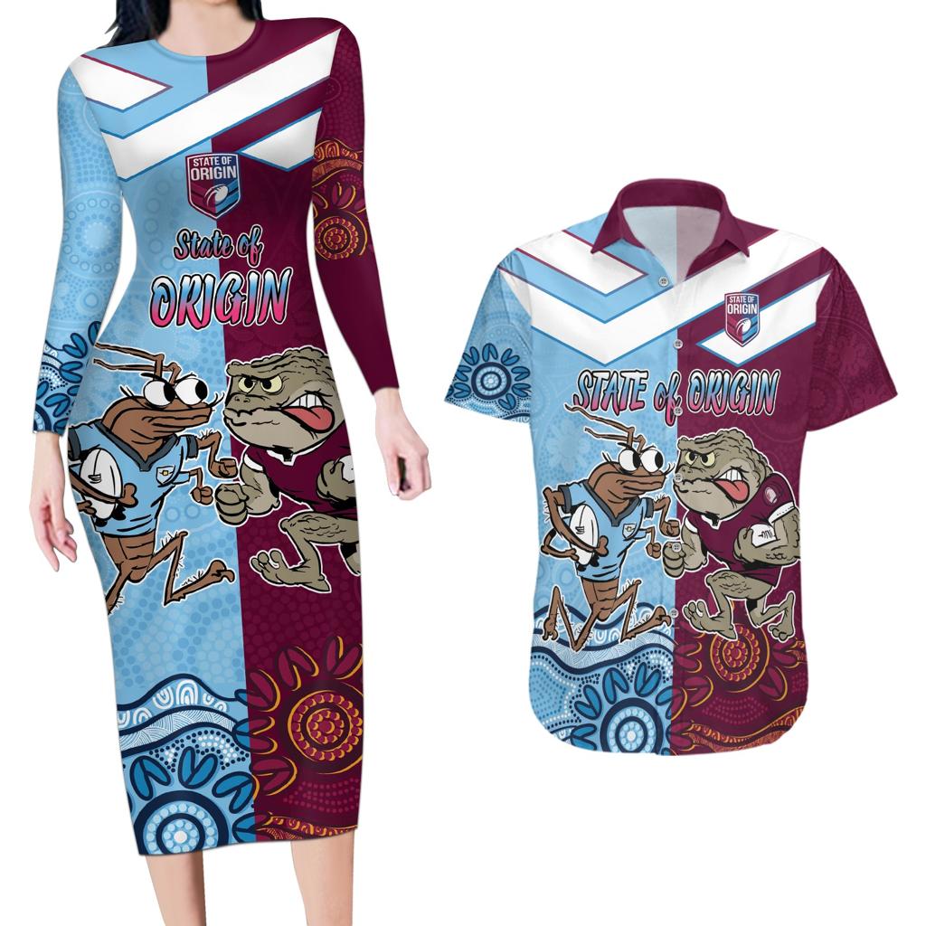 Custom QLD Cane Toad and NSW Cockroach Couples Matching Long Sleeve Bodycon Dress and Hawaiian Shirt Aboriginal Inspired Together
