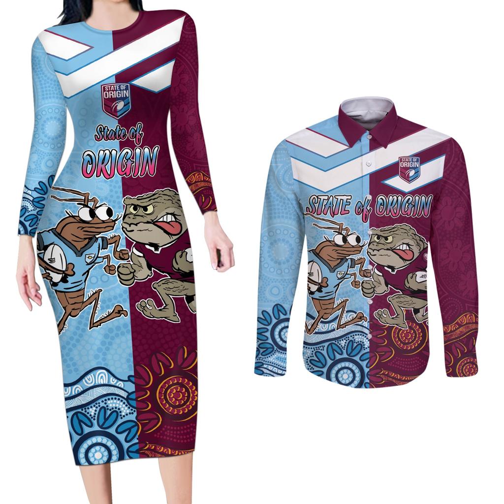 Custom QLD Cane Toad and NSW Cockroach Couples Matching Long Sleeve Bodycon Dress and Long Sleeve Button Shirt Aboriginal Inspired Together