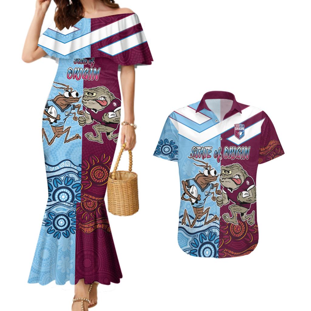Custom QLD Cane Toad and NSW Cockroach Couples Matching Mermaid Dress and Hawaiian Shirt Aboriginal Inspired Together