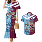 Custom QLD Cane Toad and NSW Cockroach Couples Matching Mermaid Dress and Hawaiian Shirt Aboriginal Inspired Together