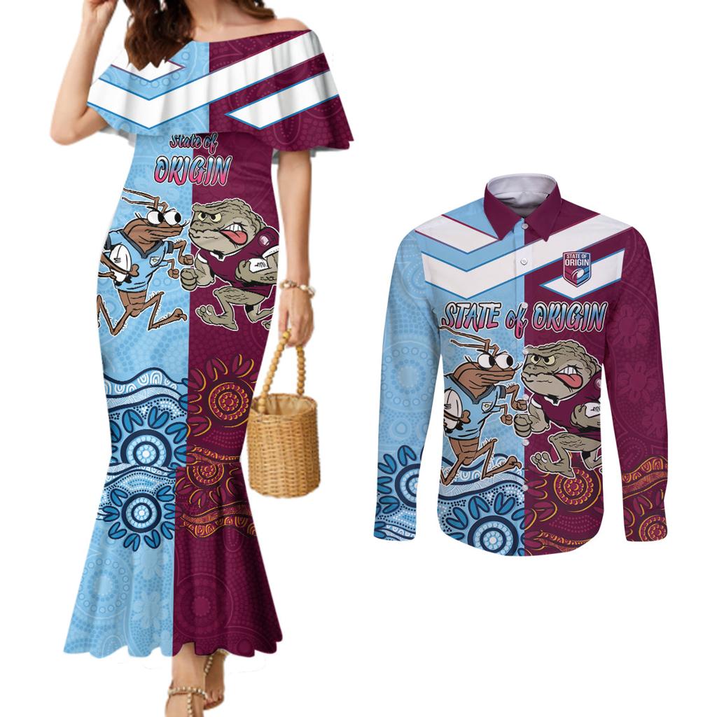 Custom QLD Cane Toad and NSW Cockroach Couples Matching Mermaid Dress and Long Sleeve Button Shirt Aboriginal Inspired Together