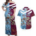 Custom QLD Cane Toad and NSW Cockroach Couples Matching Off Shoulder Maxi Dress and Hawaiian Shirt Aboriginal Inspired Together