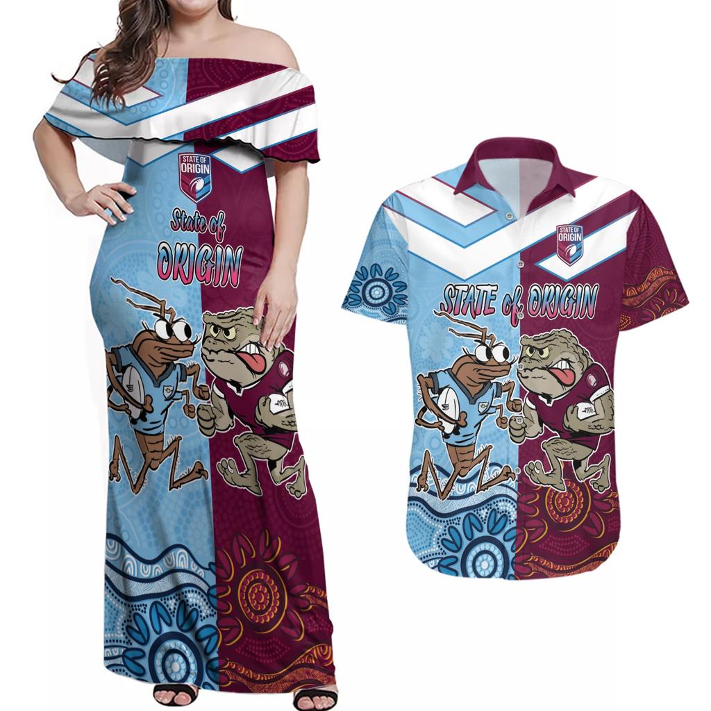 Custom QLD Cane Toad and NSW Cockroach Couples Matching Off Shoulder Maxi Dress and Hawaiian Shirt Aboriginal Inspired Together