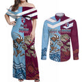 Custom QLD Cane Toad and NSW Cockroach Couples Matching Off Shoulder Maxi Dress and Long Sleeve Button Shirt Aboriginal Inspired Together
