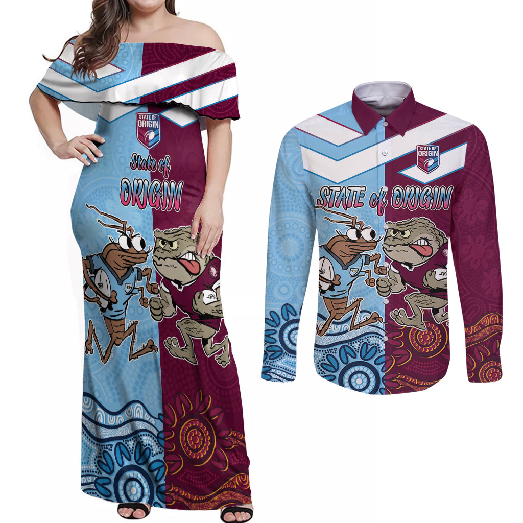 Custom QLD Cane Toad and NSW Cockroach Couples Matching Off Shoulder Maxi Dress and Long Sleeve Button Shirt Aboriginal Inspired Together