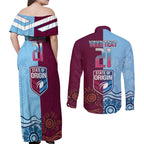 Custom QLD Cane Toad and NSW Cockroach Couples Matching Off Shoulder Maxi Dress and Long Sleeve Button Shirt Aboriginal Inspired Together
