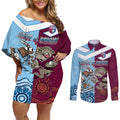 Custom QLD Cane Toad and NSW Cockroach Couples Matching Off Shoulder Short Dress and Long Sleeve Button Shirt Aboriginal Inspired Together