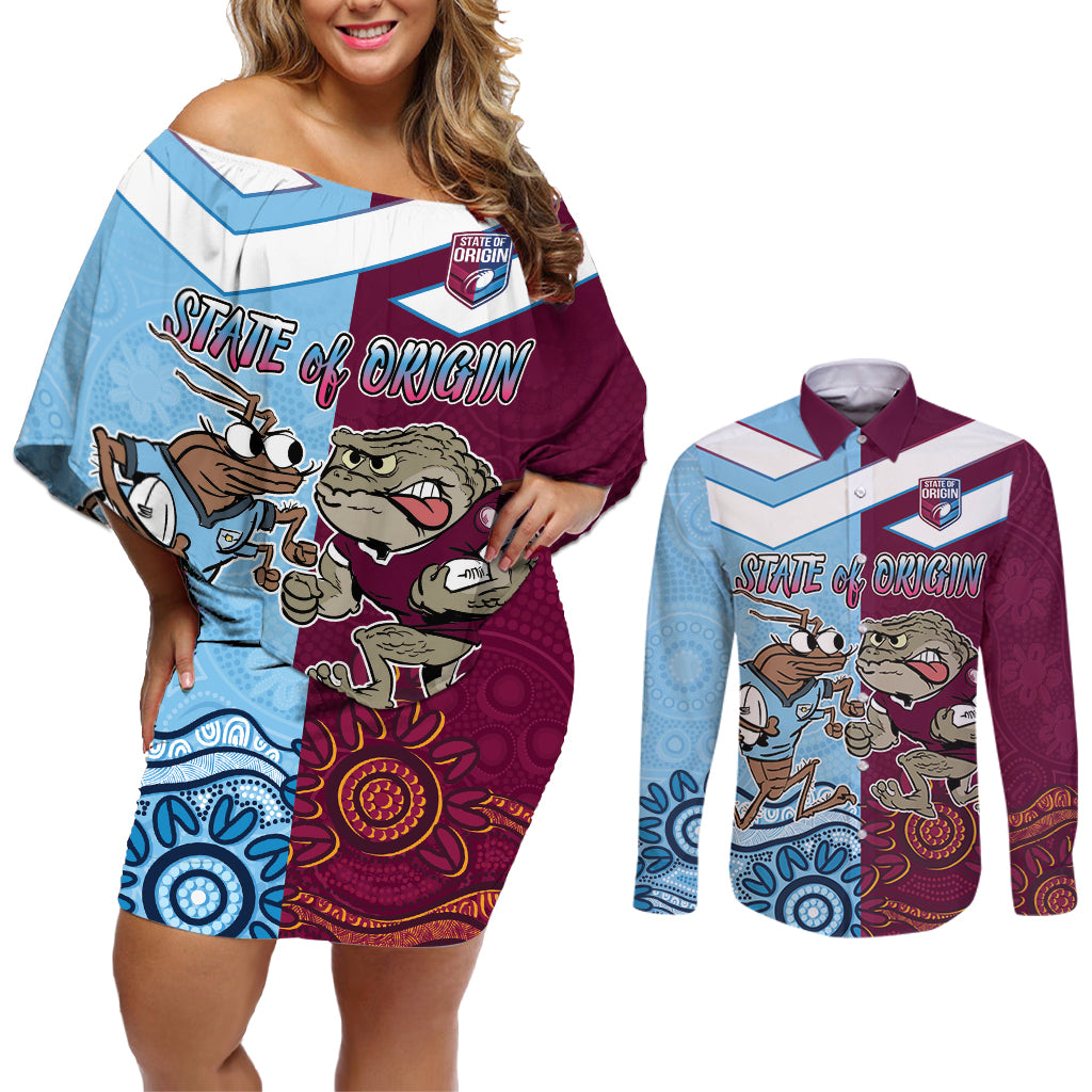 Custom QLD Cane Toad and NSW Cockroach Couples Matching Off Shoulder Short Dress and Long Sleeve Button Shirt Aboriginal Inspired Together