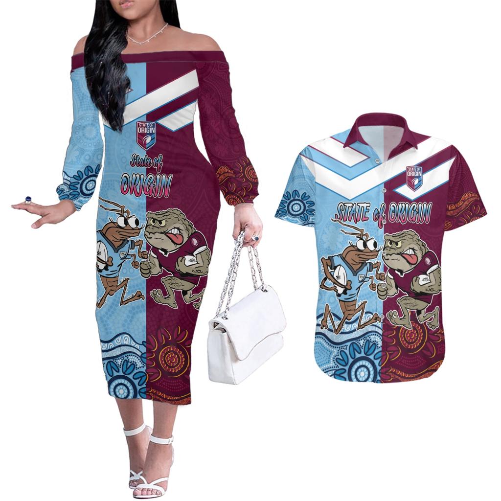 Custom QLD Cane Toad and NSW Cockroach Couples Matching Off The Shoulder Long Sleeve Dress and Hawaiian Shirt Aboriginal Inspired Together