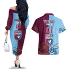 Custom QLD Cane Toad and NSW Cockroach Couples Matching Off The Shoulder Long Sleeve Dress and Hawaiian Shirt Aboriginal Inspired Together